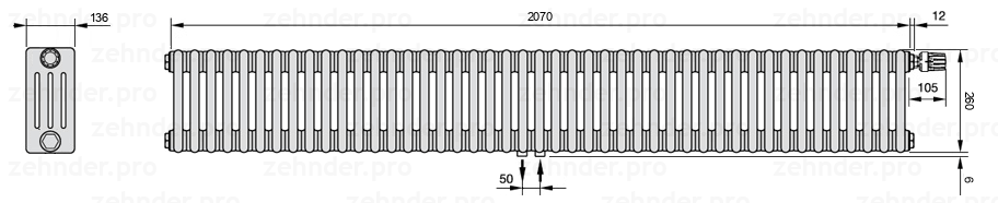 Схема (чертеж) Радиатор Zehnder Charleston 4026/45 №V008 Белый глянцевый RAL 9016